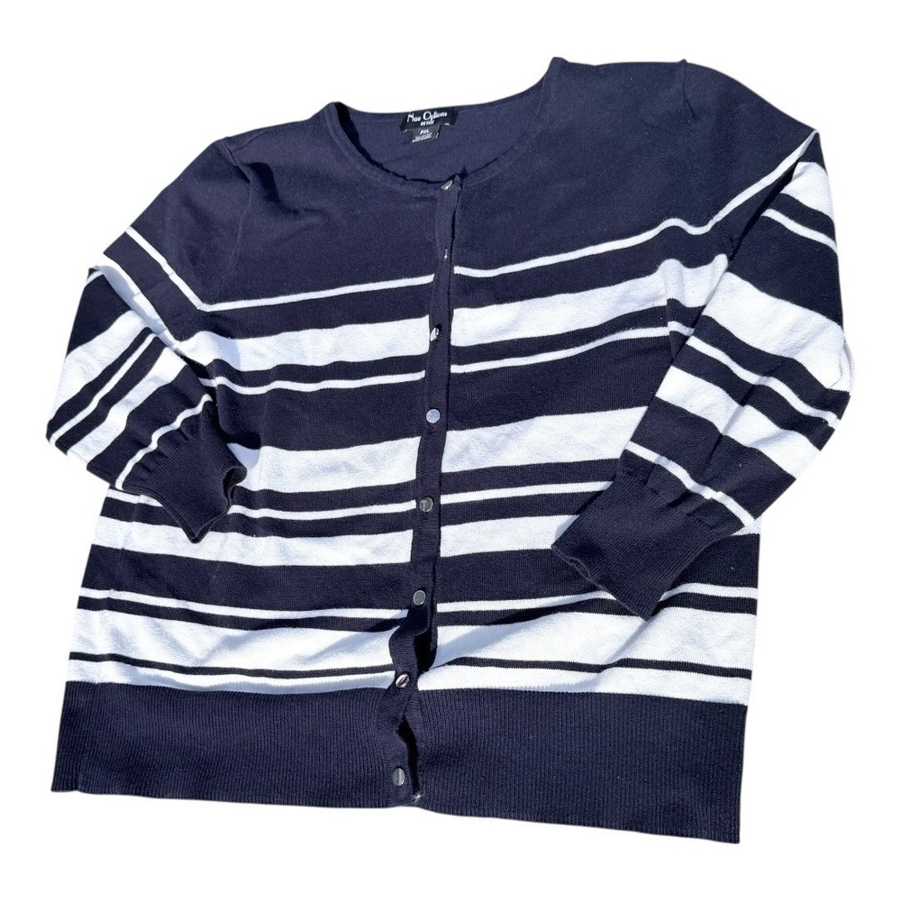 Coastal Grandma Nue Options Cardigan Petite PXL Navy White Striped Button Front